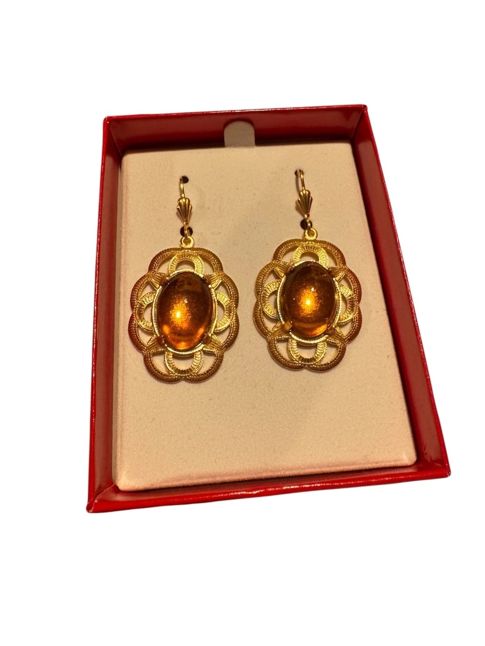 308 Vintage Alzi by Alzerina 24k Gold Plated Amber Glass Drop Earrings R0000308